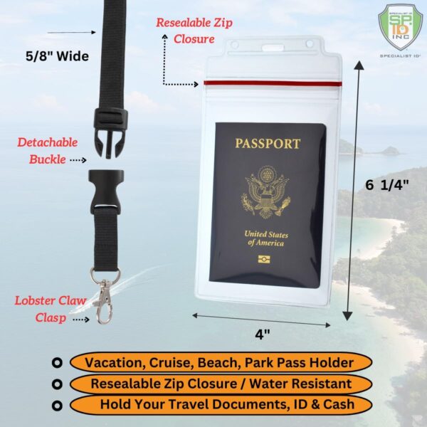 Passport Holders - 2 Pack - Heavy Duty Water and Tear Resistant Resealable Sleeves & Premium Breakaway Lanyard - 4X6 Insert for Vaccination Cards, Cruise, Travel, and Beach Vacation Documents (Black) - Image 2