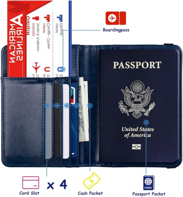 TOURSUIT RFID Blocking Passport Holder for Women Men, Leather Passport Travel Wallet with Metal 3D Metal Badge, Travel Document Holder Cover Accessories (Dark Blue) - Image 2