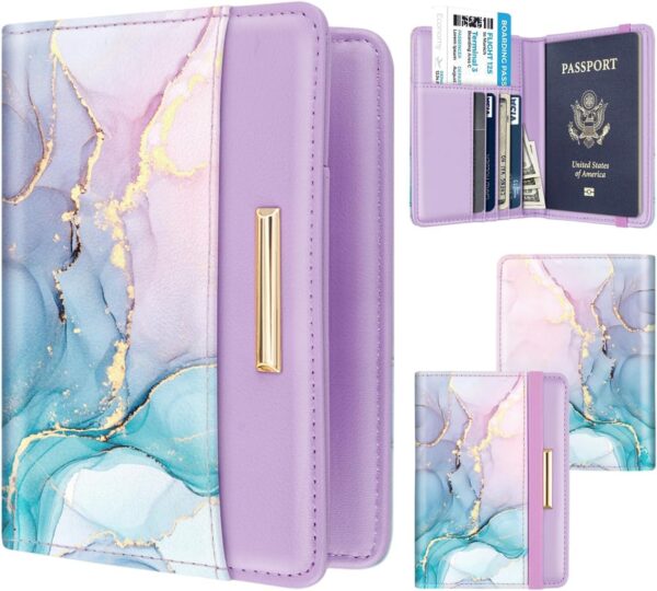 Passport Holder Cover Travel RFID Blocking Passport Cover Rose Gold Cute Flowers Passport Wallet with Elastic Band for Women - Image 2