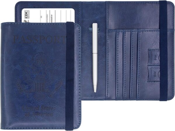 Passport Holder Leather Rfid Blocking Passport Id Organizer Cover Wallet Case with Vaccine Card Holder Combo CDC Vaccination Protectors Book for Men Women (Navy Blue)