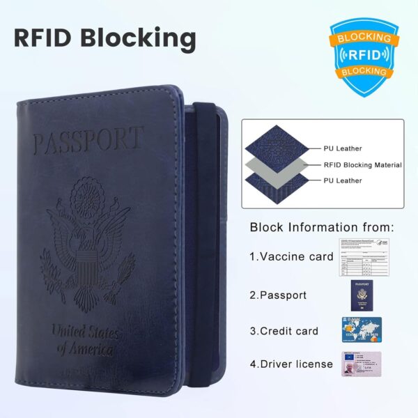 Passport Holder Leather Rfid Blocking Passport Id Organizer Cover Wallet Case with Vaccine Card Holder Combo CDC Vaccination Protectors Book for Men Women (Navy Blue) - Image 4