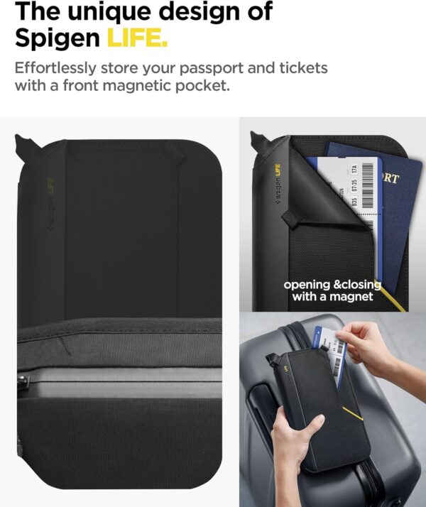 Spigen Life Passport Holder for Family, Passport Wallet Travel Documents Organizer Passport Holder with RFID Blocking, SIM Card Holder and Eject Pin, Wrist strap, up to 4 Passports- Black - Image 2