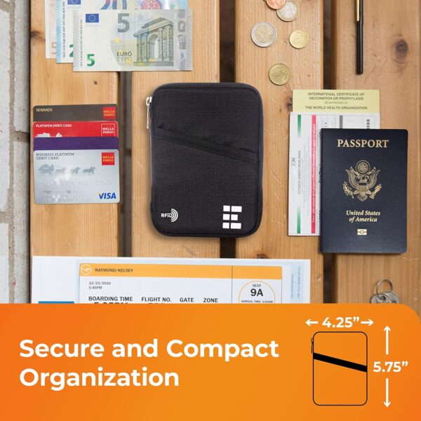 Passport Holder & Travel Wallet with RFID Blocking - Premium Document Organizer Case for Men and Women - Holds Passports, Cards, Tickets, ID, Cash - Compact Zippered Wallet - Midnight - Image 3